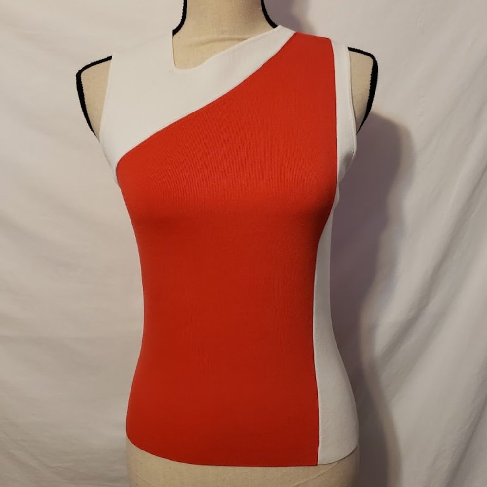NWT Venini Womens Sleeveless Ribbed Knit Top Red White Asymmetrical Design Small